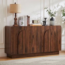 Sideboard Buffet Cabinet with Storage, Farmhouse Curved Design Accent Cabinet with 4 Doors & Adjustable Shelves, Modern Coffee Bar Credenza for Living