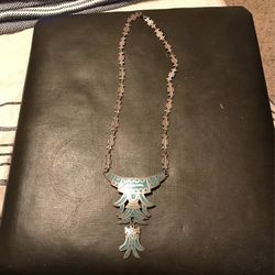 Beautiful Mexica / Aztec Design Necklace In Sterling Silver With Turquoise Inlay 