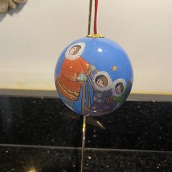 Rare Hand Painted Glass Christmas of Eskimos on Sled Ornament 