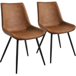 Dining Room Chairs Set of 2 Mid Century Modern Kitchen Chairs with Upholstered Faux Leather and Metal Legs for Dining Room, Living Room, Brown