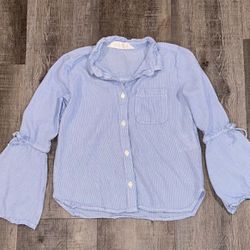 Girls Size 9-10 Blue & White Striped Bell-Sleeved Button Down Top