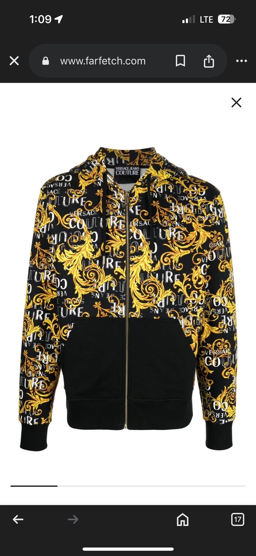 Authentic Versace Jeans Couture Baroque-print zip-up hoodie Size L