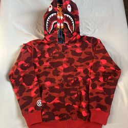 New BAPE Color Camo Tiger Shark Wide Full Zip Double Hoodie Red Size Large