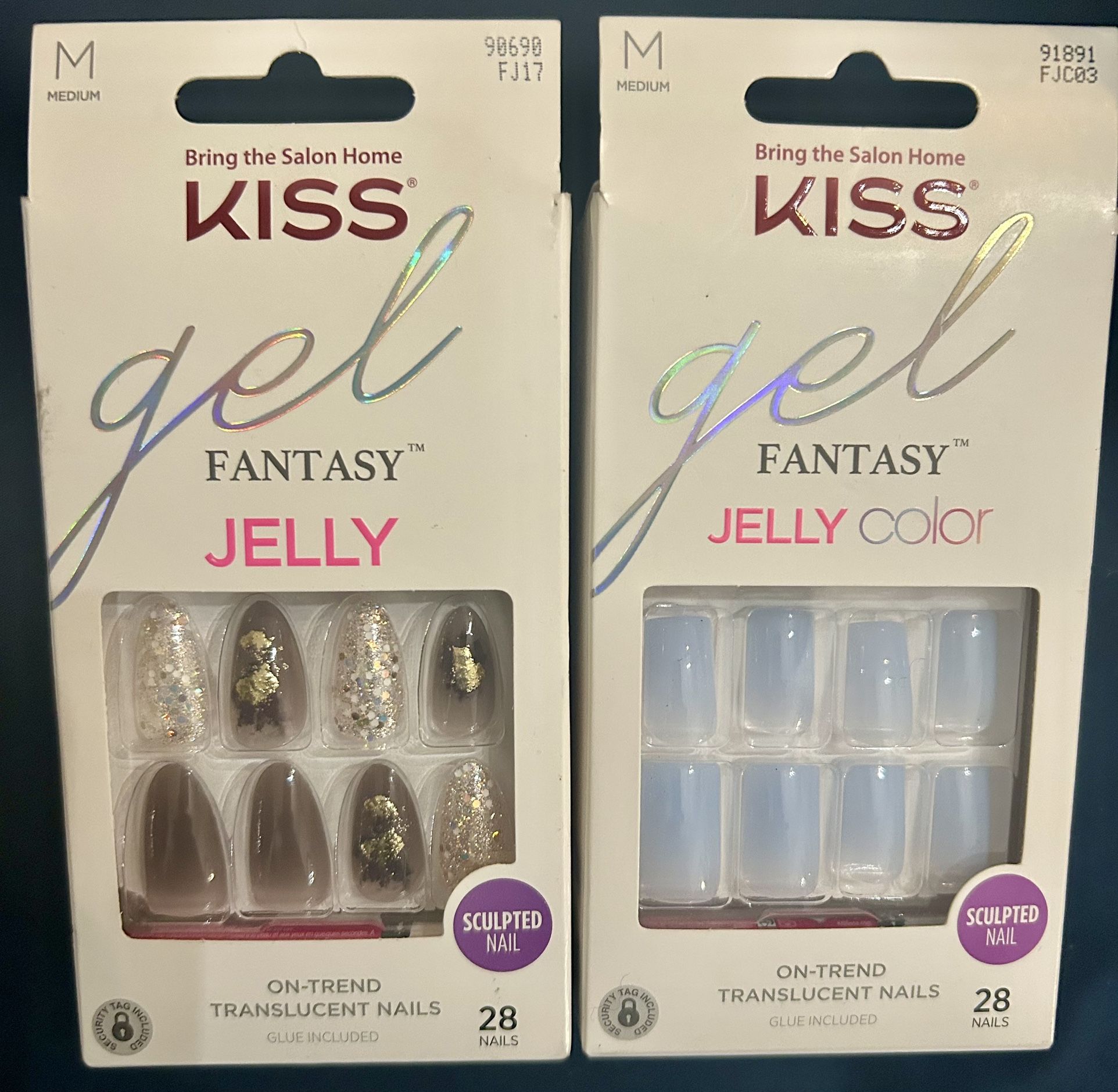 2 BRAND NEW KISS Gel Fantasy sets — medium sculpted nails. Jelly color + glitter jelly. Both sealed. $11 for the pair. 