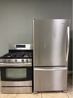 Whirlpool bottom freezer refrigerator &. Samsung gas range set stainless steel