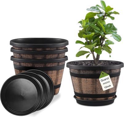 Plant Pots Set of 4 Pack 12 inch Large Whiskey Barrel Planters with Drainage Holes & Saucer ⭐NEW⭐ CYISell
