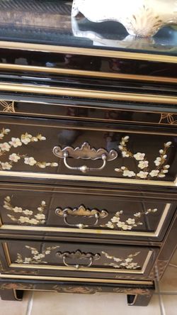 Beautiful oriental floral desk. Comes with matching chair. Beveled glass top.