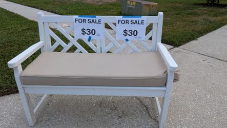 Polywood white outdoor bench with cushion