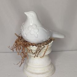 Raz Imports Shabby Chic Rustic White Ceramic Bird Pedestal Figurine 