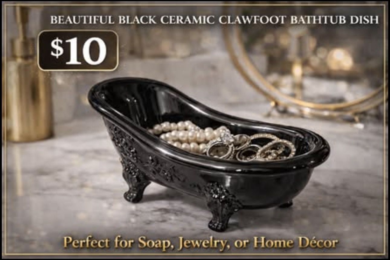 Beautiful Black Ceramic Clawfoot Bathtub Soap Dish / Jewelry Holder – Glossy Decorative Accent