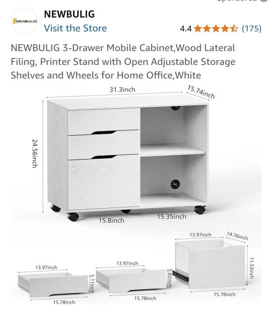 New Open Box NEWBULIG 3-Drawer Mobile Cabinet,Wood Lateral Filing, Printer Stand with Open Adjustable Storage Shelves and Wheels for Home Office,White