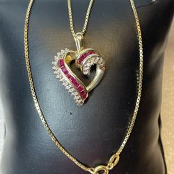 14KT Yellow Gold Ruby & Diamond Heart Pendant Necklace 18” Long