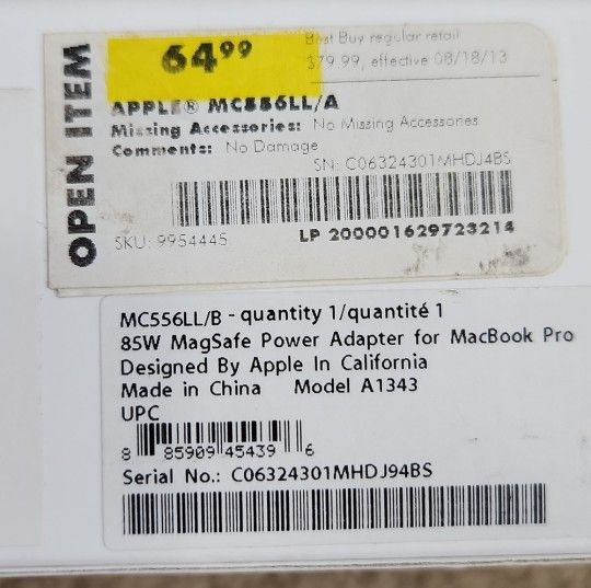 2013 85W MagSafe Power Adapter Open Box from Best Buy