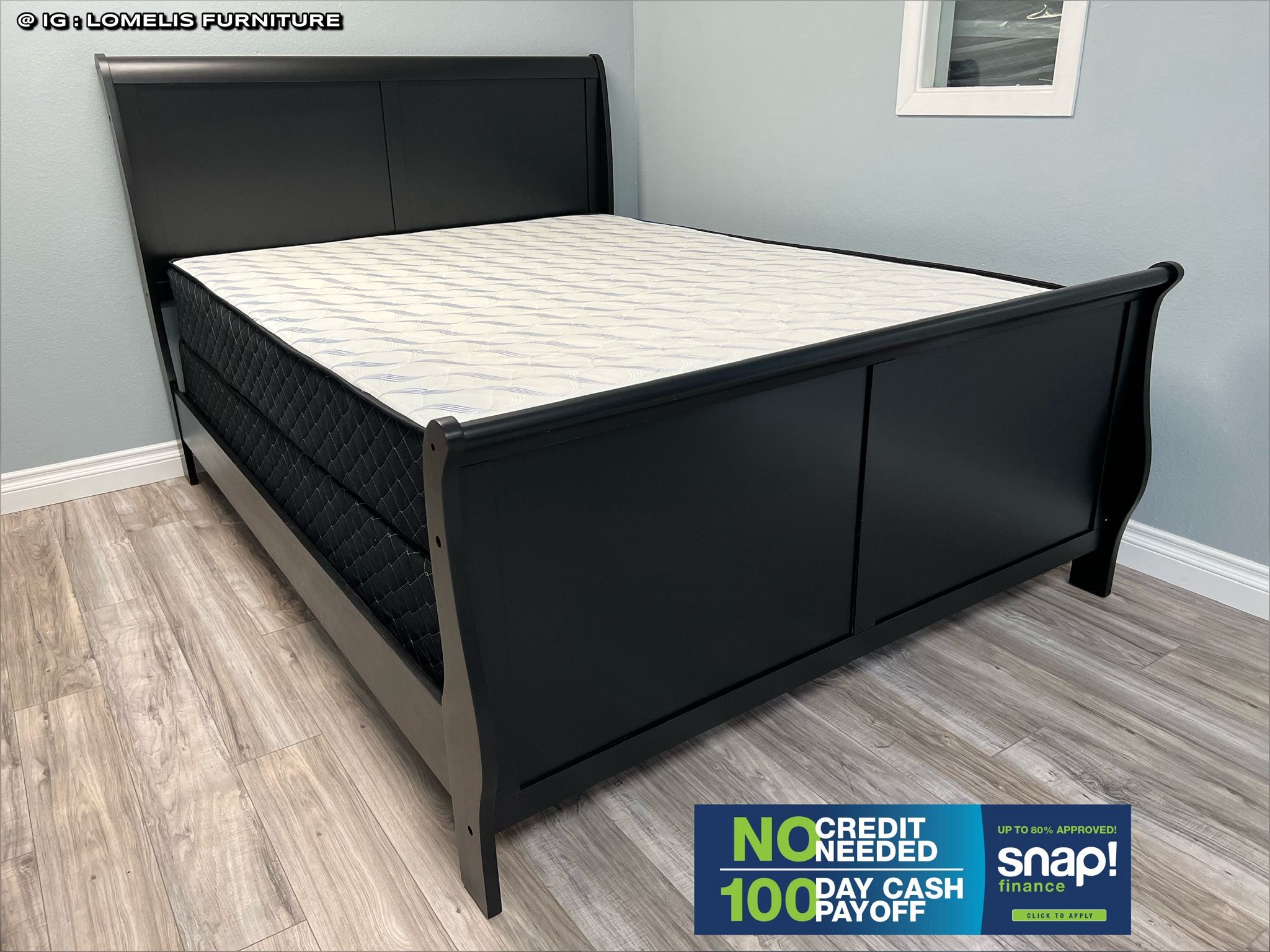 Queen Size Black Sleigh Bed W Orthopedic Mattress