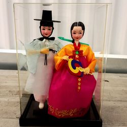 Vintage Korean Native Ceremonial Wedding 10" Dolls In Plastic 12" Display Case