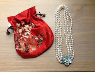Pearl Necklace, Three-Strand,  with Silk Bag