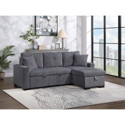 Brand New 82" × 57" Gray Or Biege Curdoroy Reversible Sofa Chaise With Storage