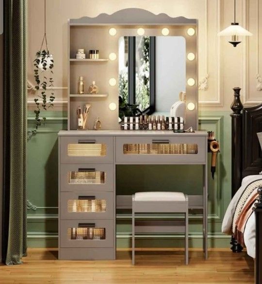 HWB Makeup Vanity Desk with Mirror and Lights,Vanity Table with 5 Drawers&2 Shelves,Vanity Set for B