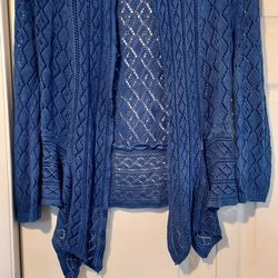 Jon & Anna Open Weave Blue Cardigan Sweater Size S M Longer Waterfall Front Boho