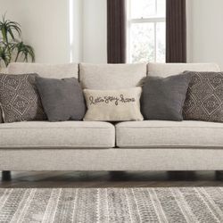 Light Linen Upholstery Sofa With Throw Pillows