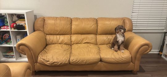 Well-loved Leather Couch, Chairs and Ottoman - 4 pieces!!