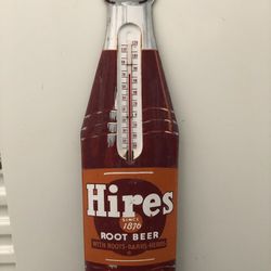 Hires Root Beer Bottle Metal Thermometer. Vintage