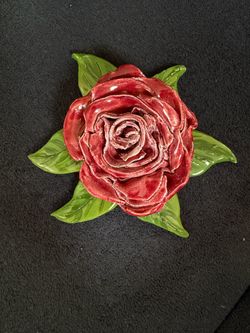Vintage Ceramic Red rose pin brooch with green leaves