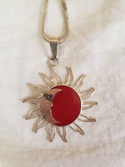Sterling silver Mexico Red Jasper Stone sun with half moon pendant