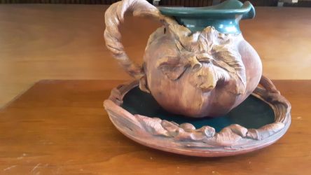 Vintage 1990 Terra Firma American pottery handmade water pitcher and a tray