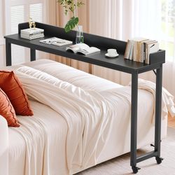 Overbed Table with 360° Wheels, Queen Size Mobile Bed Desk with Heavy Duty Metal Leg, Sturdy Laptop Cart & Dining Table for Bedroom, Living Room, Hosp