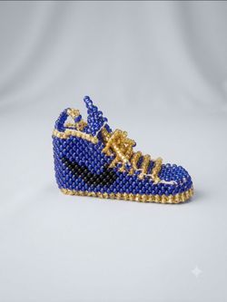 Handcrafted Beaded Sneaker Keychain Bag Charm Blue Gold Mini Shoe Pendant