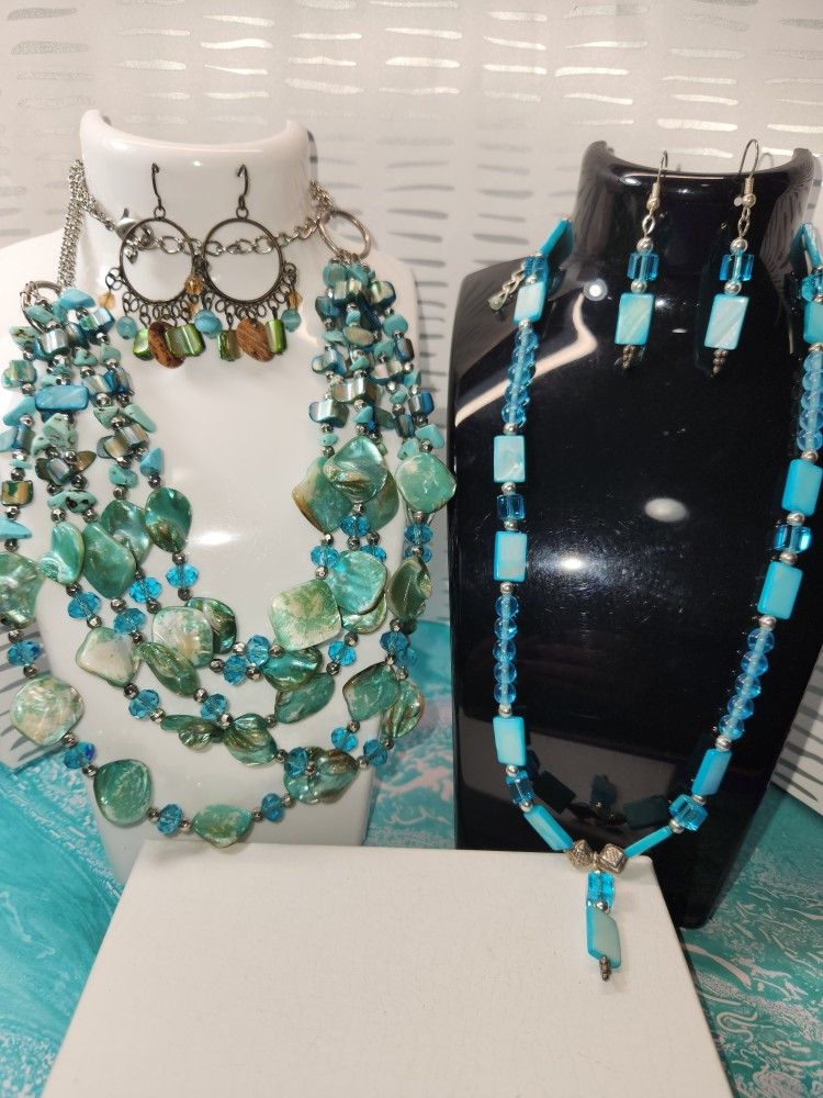 #2099, STUNNIG TURQUOISE & BLUE SHELL PEARLS DEMI PARURE 2 SETS
