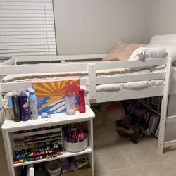 White Low Platform /Lofted Twin bed With desk