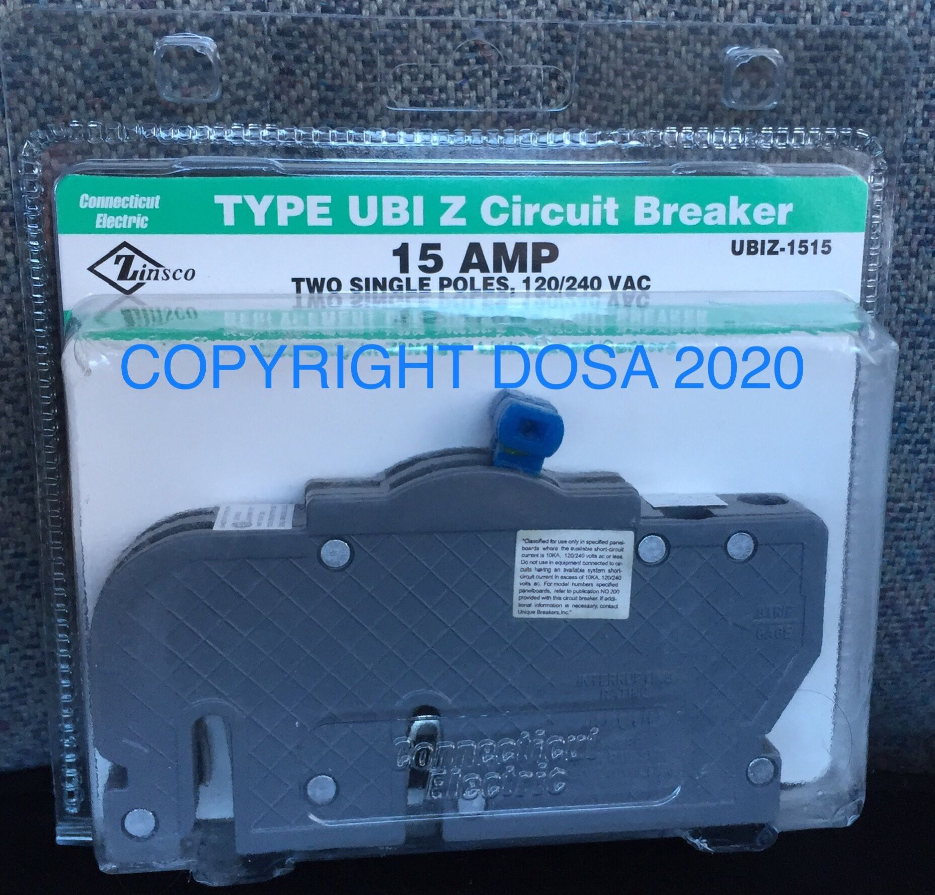 Zinsco Twin 15A Thin Circuit Breaker, UBIZ-1515