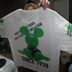 White Shirt with a green rhinestone Mickey Mouse graphic