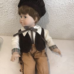 Vintage Porcelain Boy Doll 19” Tall , Blue Eyes Worn Brown Hat And Vest