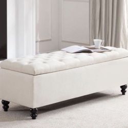 Upholstered Ottoman with Button-Tufted Storage Bench, Large Bedroom Bench with Safety Hinge, 51-inch Ottoman for Bedroom and Living Room (Ivory)