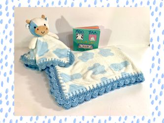 Blue & White Cow Crochet Baby Blanket, Lovey and Book Gift Set