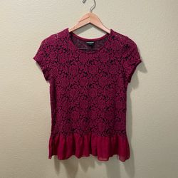 Women’s Large Vintage Y2K Joe Boxer Burgundy Lace Black Mesh Floral Rose Top