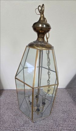 Large Vintage Brass Beveled Glass Chandelier Entry Way 31" Tall + Chain 6 Light