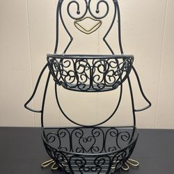 penguin two tier basket - black metal - tabletop use - approx 18" tall 
