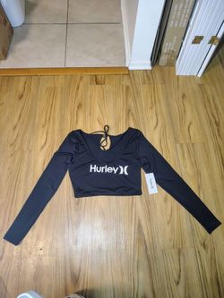Hurley Size Small Women's Long Sleeve Cropped Rash Guard NWT Crop Swim Top BLACK