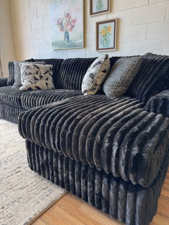 Black Color Fluffy Corduroy Sectional Couch W Chaise 🌟 Fast Delivery ⭐$39 Down Payment with Financing ⭐ 90 Days same as cash