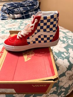 Vans SK8-Hi Red Blue Checkerboard High-Top Sneakers