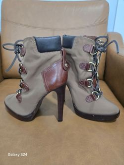 Tory Burch Gray Brown Leather Lace-up Stiletto Heel Ankle Womens Booties 7.5m
