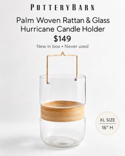2 Pottery Barn Palm Woven Rattan & Glass Hurricane Candle Holder XL