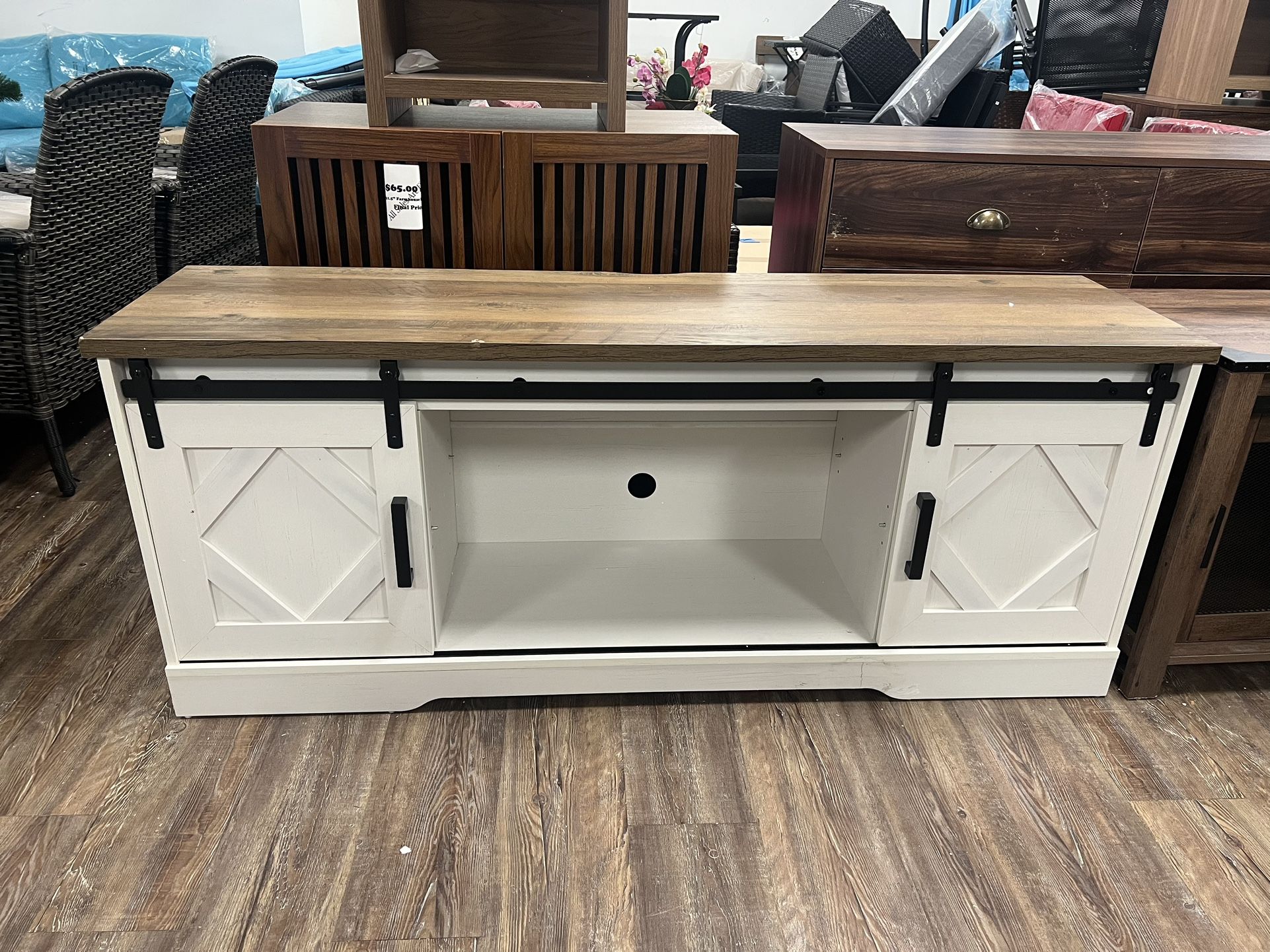 New [Minor Damages and missing shelf]WAMPAT Farmhouse TV Stand with Siliding Barn Doors, Wood Entertainment Center for TV's up to 65" with Adjutsbale 