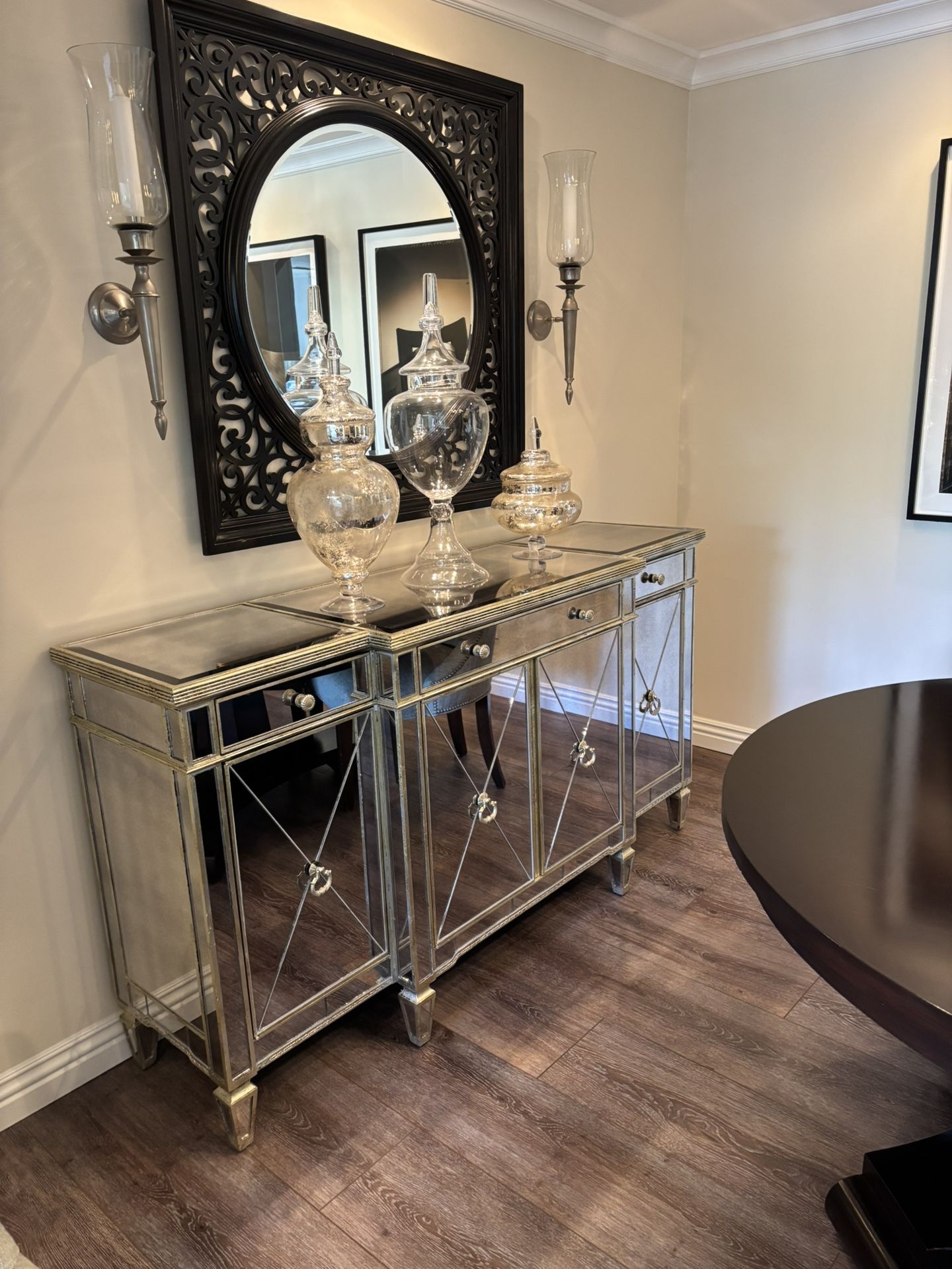 Mirrored 76” mirrored buffet cabinet with ample storage