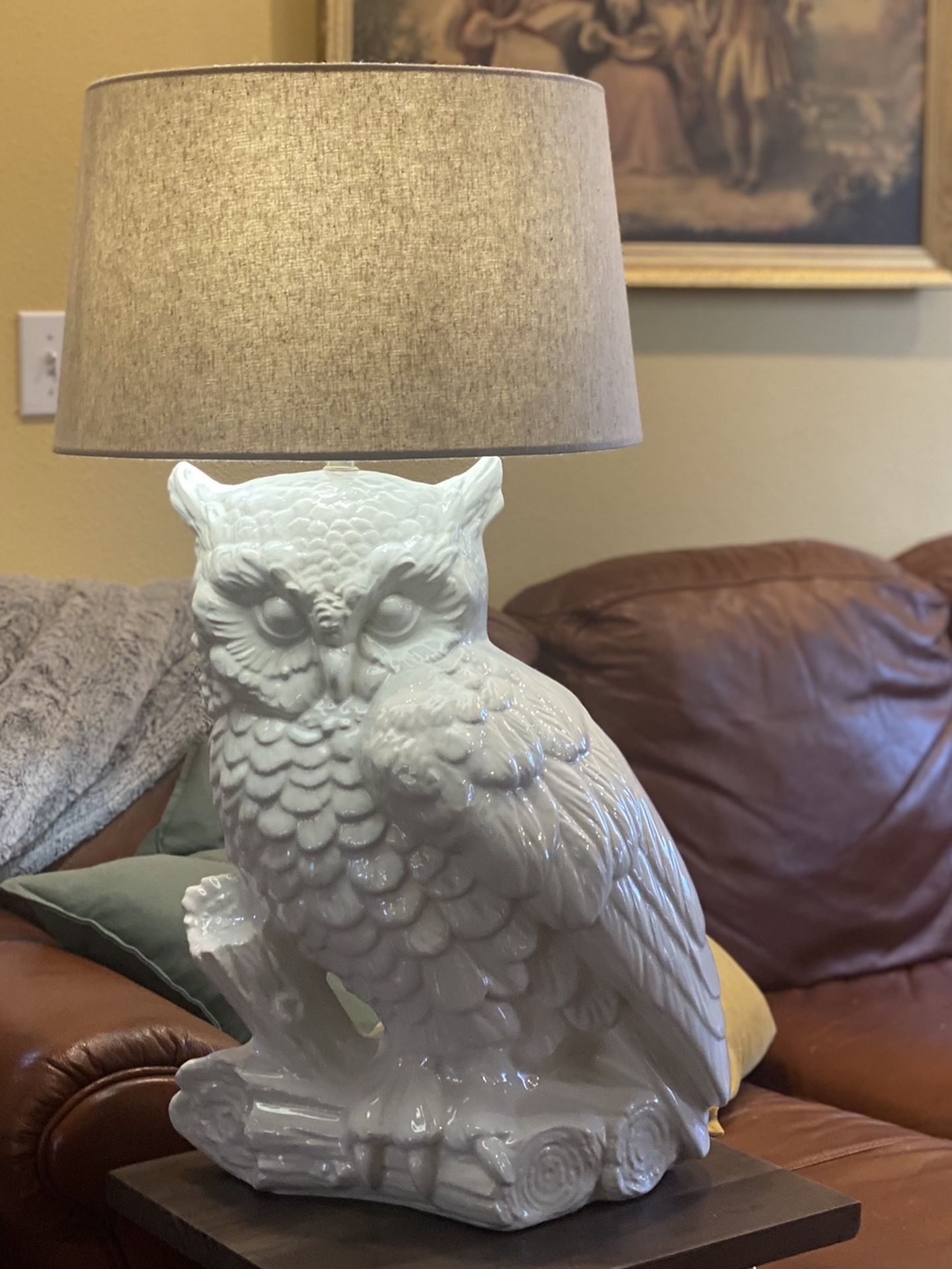 Vintage White Owl Lamp With Lampshade Approximately 3-4 Feet Tall