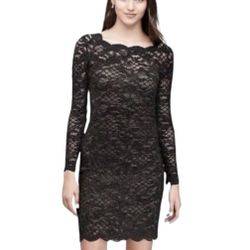 David’s Bridal Long-Sleeve Scalloped Illusion Lace Sheath Black Cocktail Dress